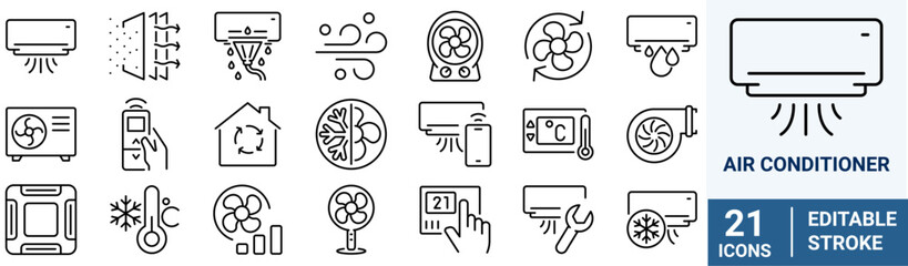 Set of Air Conditioning Vector Line Icons. Air Cooling, Fan, Humidity, Air Circulation, Ventilation. Editable Stroke