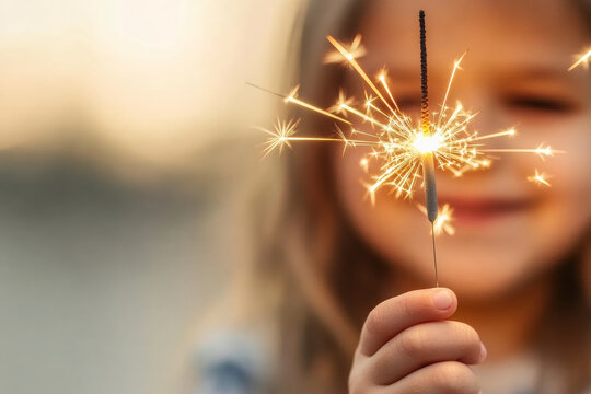 Little girl holding a burning sparkler during Midsummer celebration