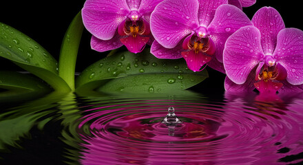 Vibrant Pink Orchid Flowers with Water Droplet Reflection Spa Serenity Nature