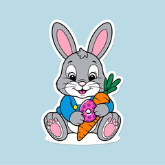Cute Cartoon Easter Bunny Sitting with Egg and Carrot