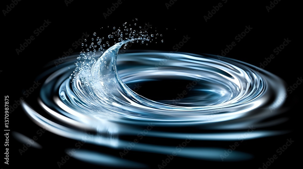 Poster rippling water surface creates dynamic spiral motion with splashing droplets against dark background