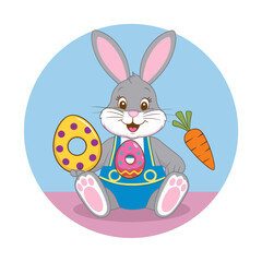 Cute Cartoon Easter Bunny Sitting with Egg and Carrot