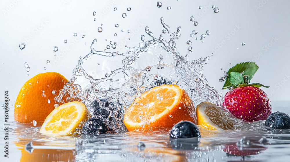 Poster assorted fruits splashing in water creating a dynamic and refreshing scene with vibrant colors and d