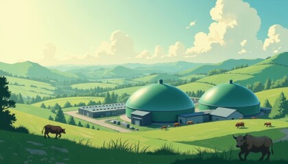 Obraz premium Biogas plant in serene landscape with grazing cattle, sustainability concept