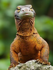 A stoic Komodo dragon stands firmly on a spotless white plane, lit from multiple angles to erase shadows. The high contrast accentuates the dark, scaly hide and the muscular tail’s girth. Centered 