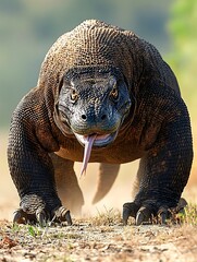 Obraz premium A stoic Komodo dragon stands firmly on a spotless white plane, lit from multiple angles to erase shadows. The high contrast accentuates the dark, scaly hide and the muscular tail’s girth. Centered 