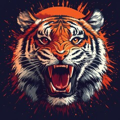 Majestic tiger roaring against a vibrant sunset background in a captivating art style