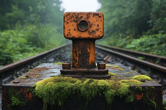 A rusted, unused railway switch in an overgrown train yard, the metal parts barely visible under layers of moss and vegetation, with the distant hum of an active industrial area