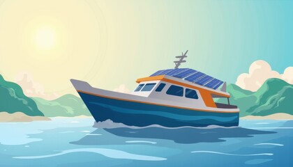 Eco-friendly fishing boat sailing on calm sea, sustainable innovation