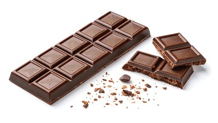 Dark chocolate bar with pieces, isolated on white background