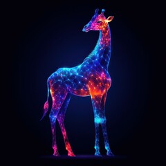 Obraz premium Giraffe illuminated in vibrant colors showcasing a celestial design against a dark backdrop