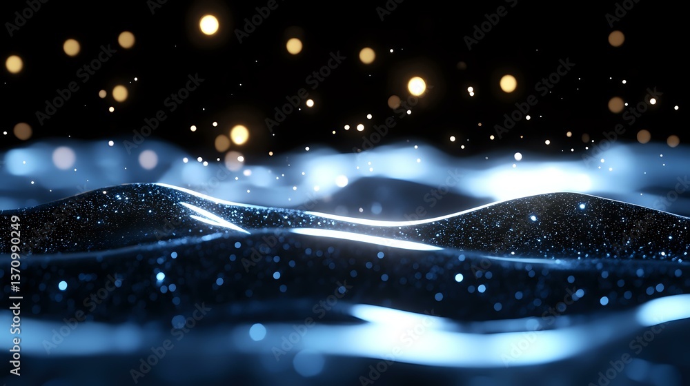 Poster glowing waves of light create abstract landscape with bokeh particles floating in dark space, mystic