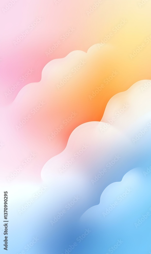 Poster soft gradient clouds in pastel pink, orange and blue colors create dreamy abstract background with s