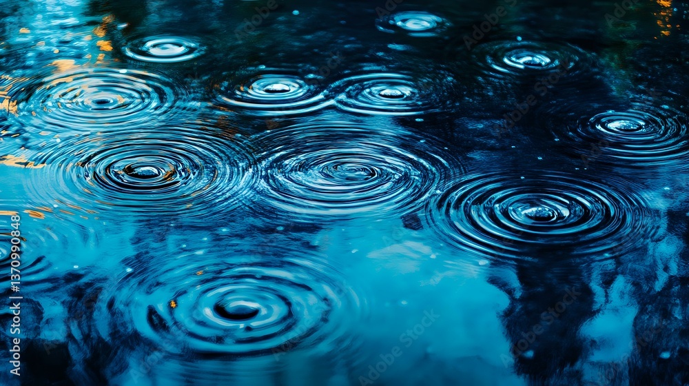 Aufkleber raindrops creating concentric circles on dark blue water surface with reflections of evening sky, fo