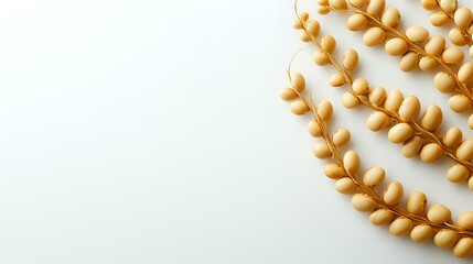 Obraz premium Golden leaf vine pattern on white background, decorative botanical element with delicate curved branches and small oval leaves arranged in flowing lines.