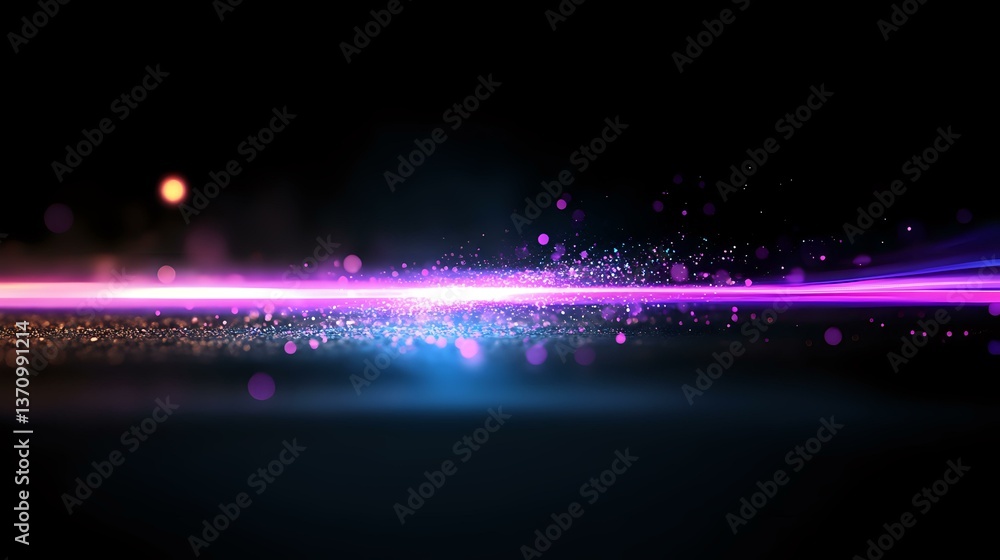 Poster glowing neon light streak with sparkling particles and bokeh effects on dark background, creating ma