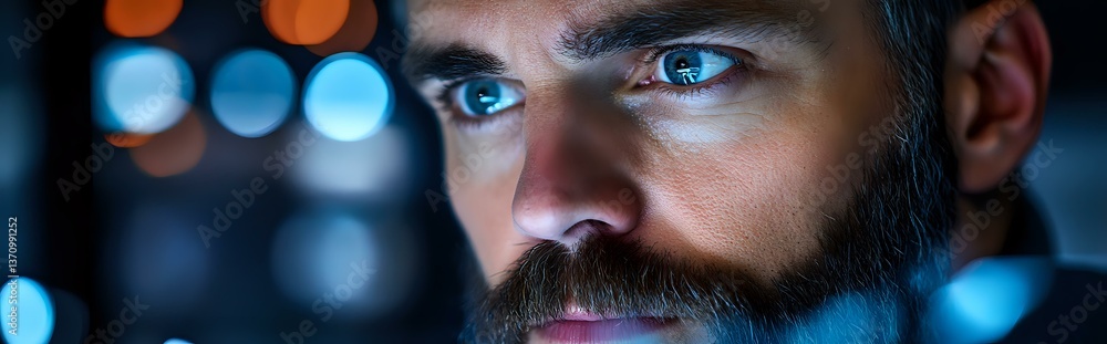 Poster close up portrait of bearded man with intense blue eyes illuminated by computer screen glow in dark 