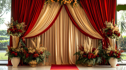Elegant Wedding Ceremony Backdrop with Red and Gold Drapes and Floral Arrangements