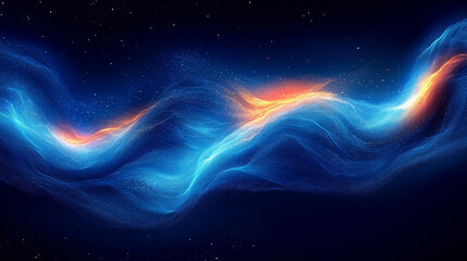 Obraz premium High-resolution digital illustration depicting an abstract nebula. The image features a dynamic composition of swirling, luminous forms in shades of deep blue and vibrant orange. The colors