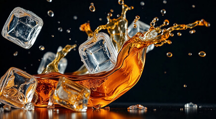 Dynamic splash of whiskey with ice cubes. Capture the essence of movement and luxury in this vivid image.