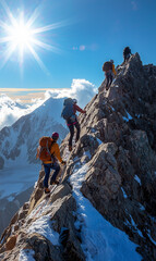 The image showcases a high-angle, long shot of two mountain climbers ascending a steep, rocky ridge.  The climbers are outfitted in climbing gear, including backpacks and harnesses. The foreground