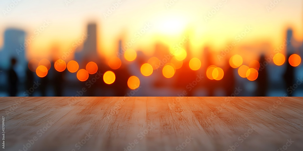 Poster a wooden surface is placed in the front with a bokeh background of urban landscape in the orange dus