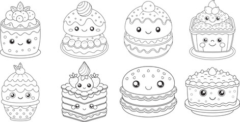 Collection of Adorable kawaii cakes and pastries with happy faces perfect for coloring pages and white line art style.