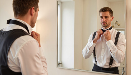 Man adjusting bow tie in front of mirror