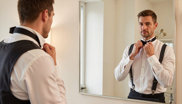 Man adjusting bow tie in front of mirror