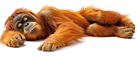 A wise orangutan rests gently on a radiant white ground, lighting distributed evenly so shadows do not appear. The high contrast accentuates the orange tones and long hair, bringing out each 