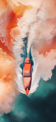 The image presents a high-angle, almost directly overhead, shot of a red cargo ship moving across a body of water. The ship's wake is clearly visible, creating a dynamic, swirling pattern of white