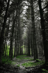 Fototapeta premium The image presents a high-contrast, predominantly monochrome view of a forest path. The path is subtly visible at the base of the frame. The trees are tall, slender, and uniformly spaced, creating