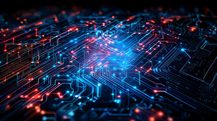 Fototapeta premium Abstract Circuit Board Design With Red And Blue Glowing Lines