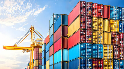 Fototapeta premium Colorful Stacked Shipping Containers at Port with Crane