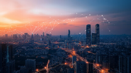 Fototapeta premium modern cityscape at sunset with towering skyscrapers and digital network overlay, symbolizing connectivity and technology. vibrant sky contrasts with illuminated city below