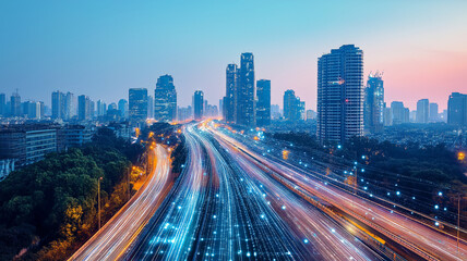 Fototapeta premium vibrant cityscape at dusk showcases bustling highway with light trails and towering skyscrapers, reflecting modern urban life. scene captures dynamic energy of thriving metropolis
