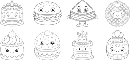 A Collection of Adorable kawaii food like cakes, burgers, and pies with happy faces, ready for coloring, in a simple black and white line art style. © Milon Store