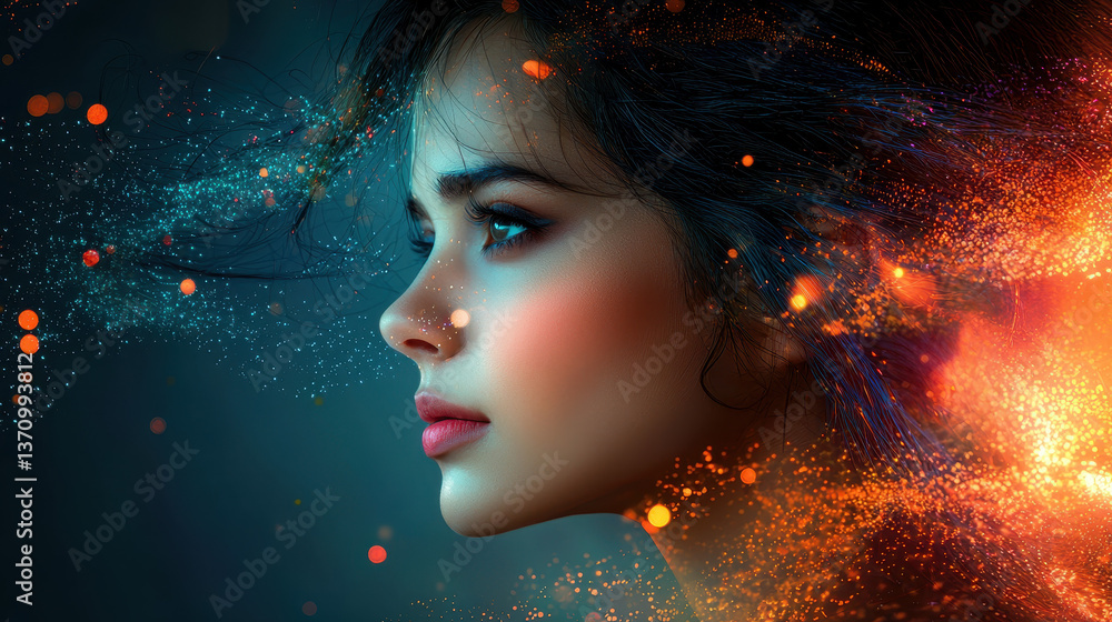 Aufkleber vibrant portrait of a woman with dynamic colors and abstract elements creating a sense of movement