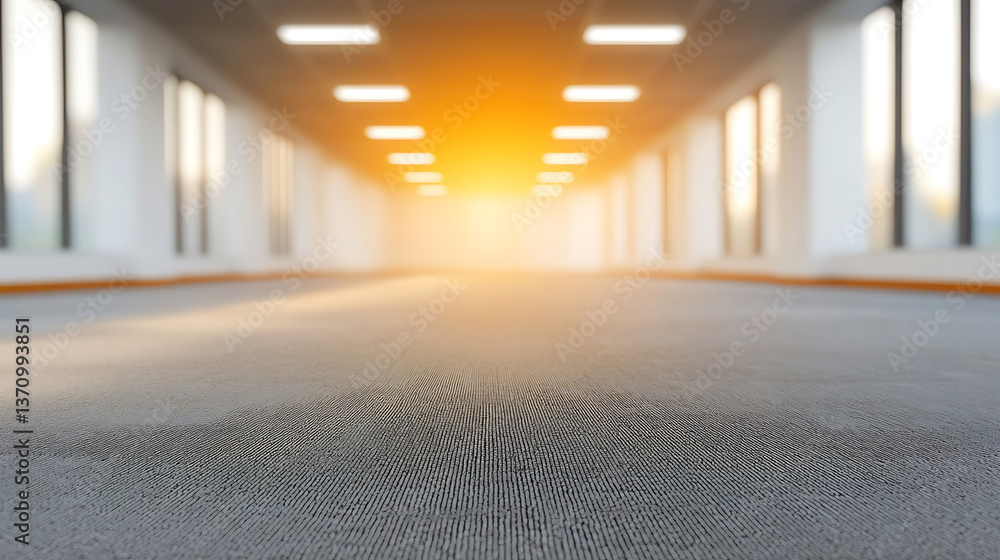 Poster a modern, sleek office hallway stretches into the distance. the image captures the interplay of ligh