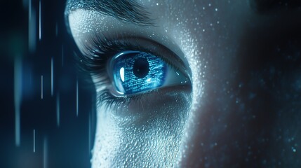 Extreme close-up of a human eye enhanced with digital data overlays