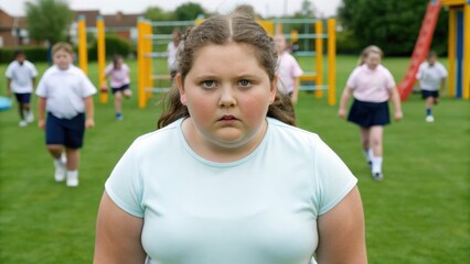 Naklejka premium Childhood Obesity Childhood Overweight A girl stands in focus, with classmates blurred behind her, conveying a sense of determination on a playground.