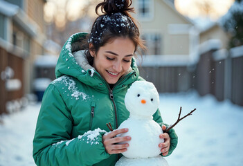 Child Building a Snowman in Snowy Backyard - Winter Fun in Cozy Green Jacket