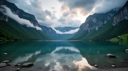 Lake Cauma in Switzerland at dawn under a cloudy sky. The misty air enhances the lake’s emerald waters, surrounded by dense pine forests in a tranquil, dreamy scene.