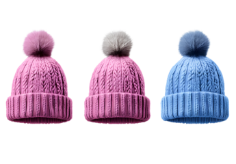  3 cute winter hats isolated on transparent background, png 