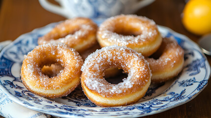 Homemade Spanish Rosquillas Doughnuts with Sugar on Decorative Plate in Warm Setting