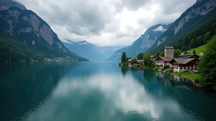 Lake Brienz in Switzerland at midday under cloudy skies, captured from an ordinary perspective. Soft, diffused light highlights the lake's turquoise tones beneath an overcast sky.