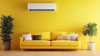 	
Air conditioner on the orange wall above the sofa and indoor plants	
