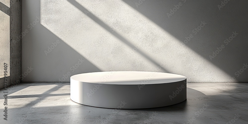 Poster empty round display platform in a room with sunlight
