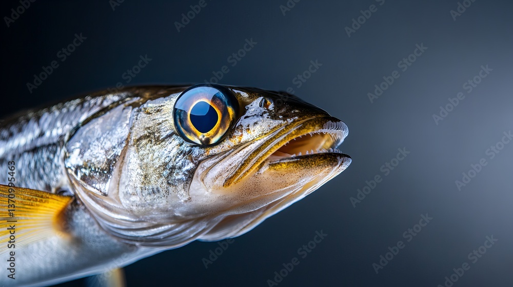 Poster a close up view shows a fish with its mouth slightly open against a gradient background.