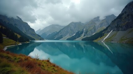 A high-quality photo of Lake Silvaplana in Switzerland, Europe, during mid-day with rainy weather, captured from above, showing a misty, wet lake with rain showers.